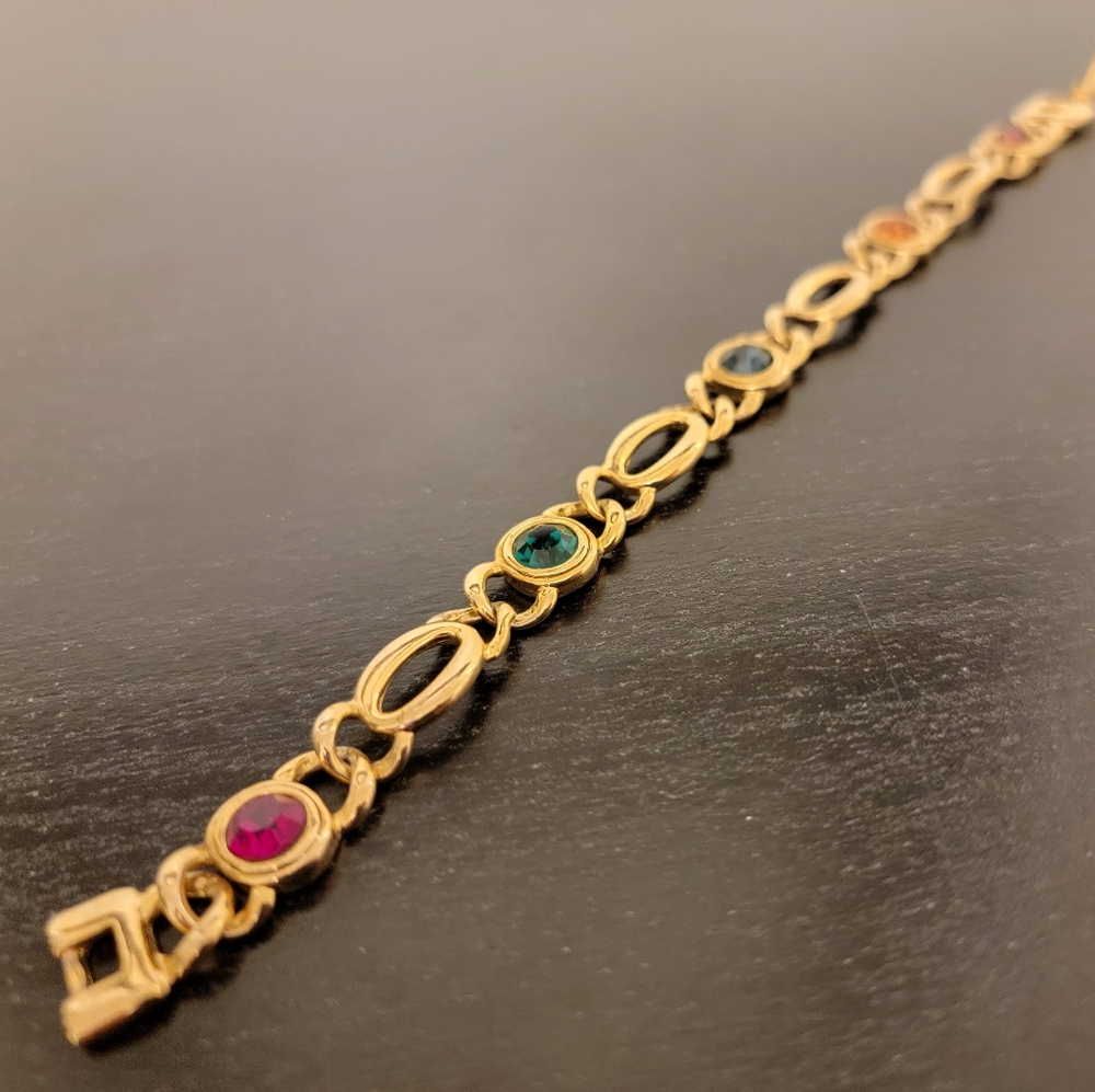 🔴 VINTAGE USA Signed Gold Tone Rainbow Colors Crystal Bracelet